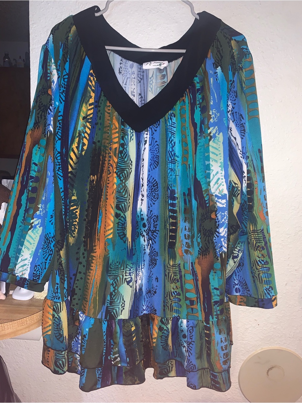Blue-Green Striped V-Neck Tunic Top with Black Trim
